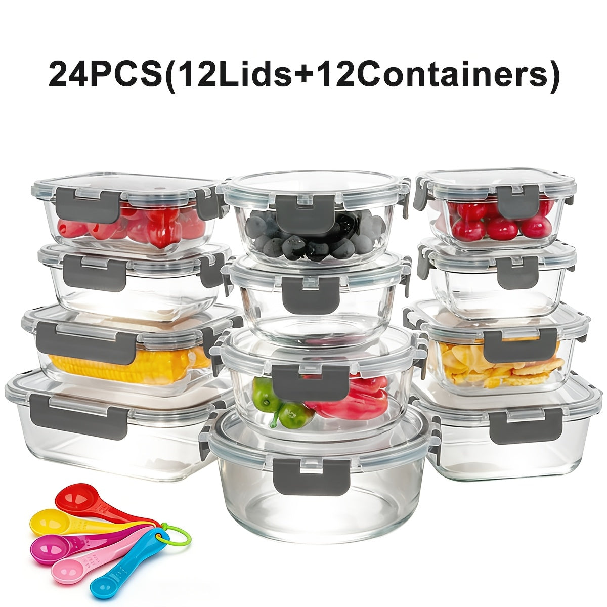 24pcs Glass Food Storage Containers with Lids, Meal Prep, Pantry Kitchen Storage Containers for Lunch, Leak Proof, Airtight Glass Lunch Bento Boxes for Microwave, Oven, Freezer And Dishwashe(12Lids+12Containers)