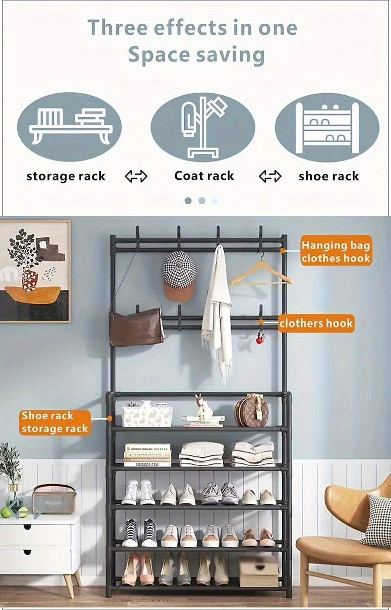 Multifunctional 5-Tier to 3-Tier Shoe Rack, Freestanding Shoe Organizer, Shoe Storage And Organizer, Shelves, with Multi-Layer Storage And 8pcs Double Hooks, Suitable for Living Room, Bedroom, Entrance