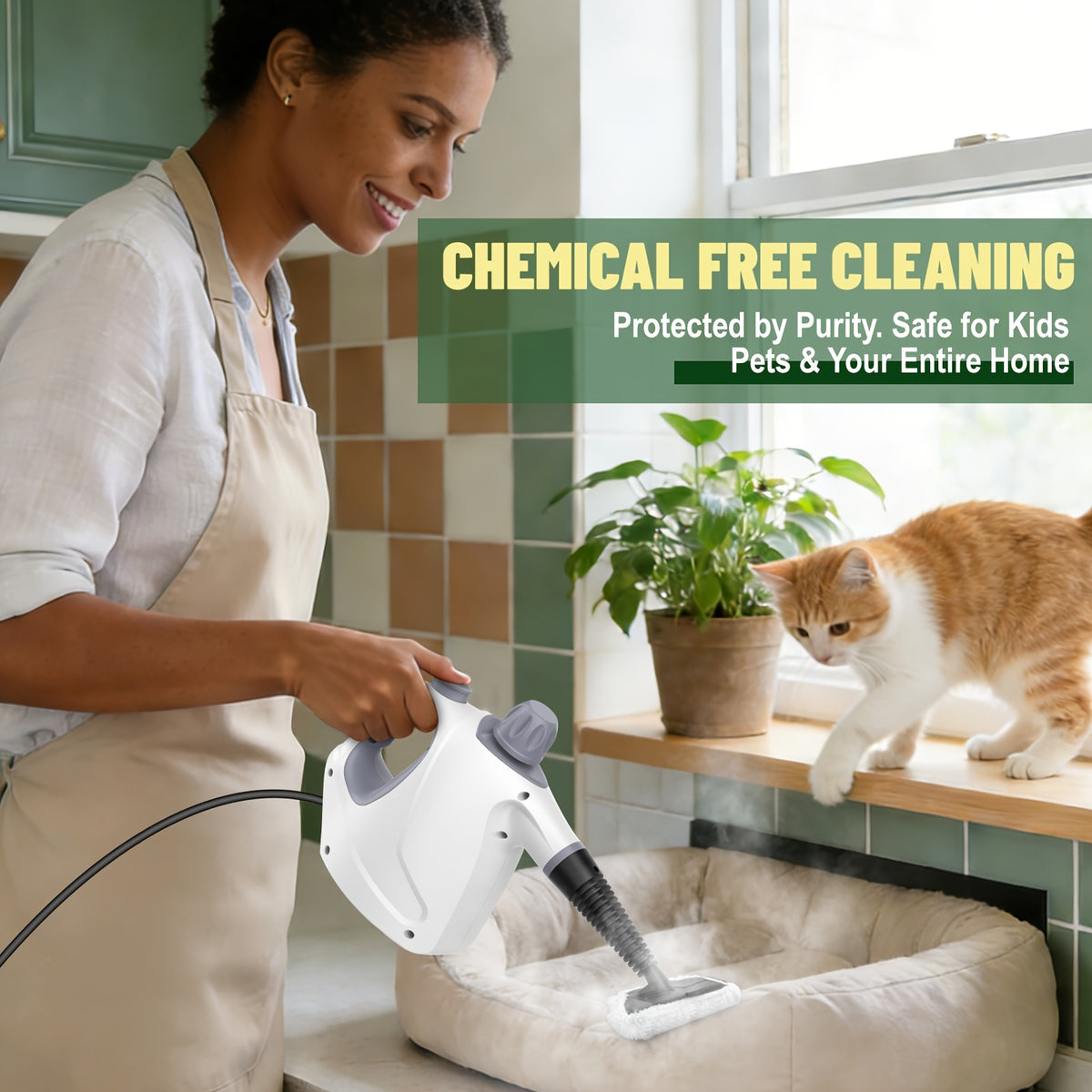 1pc 1050W Handheld Steam Cleaner | 12 Brush Heads, Fast Heat-Up, Chemical Free, Lightweight & Portable, Large 11.83oz Water Tank, Metal & Plastic, Plug, Safety Lock for Home, Car, Floor, Furniture