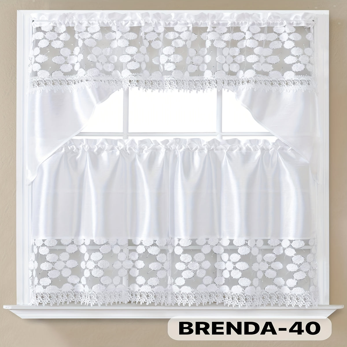 3pcs Bamboo Embroidered Kitchen Curtain Set, Floral Embroidery, Lightweight and Soft, Easy Care, Machine Washable, Satin Fabric, Embroidered