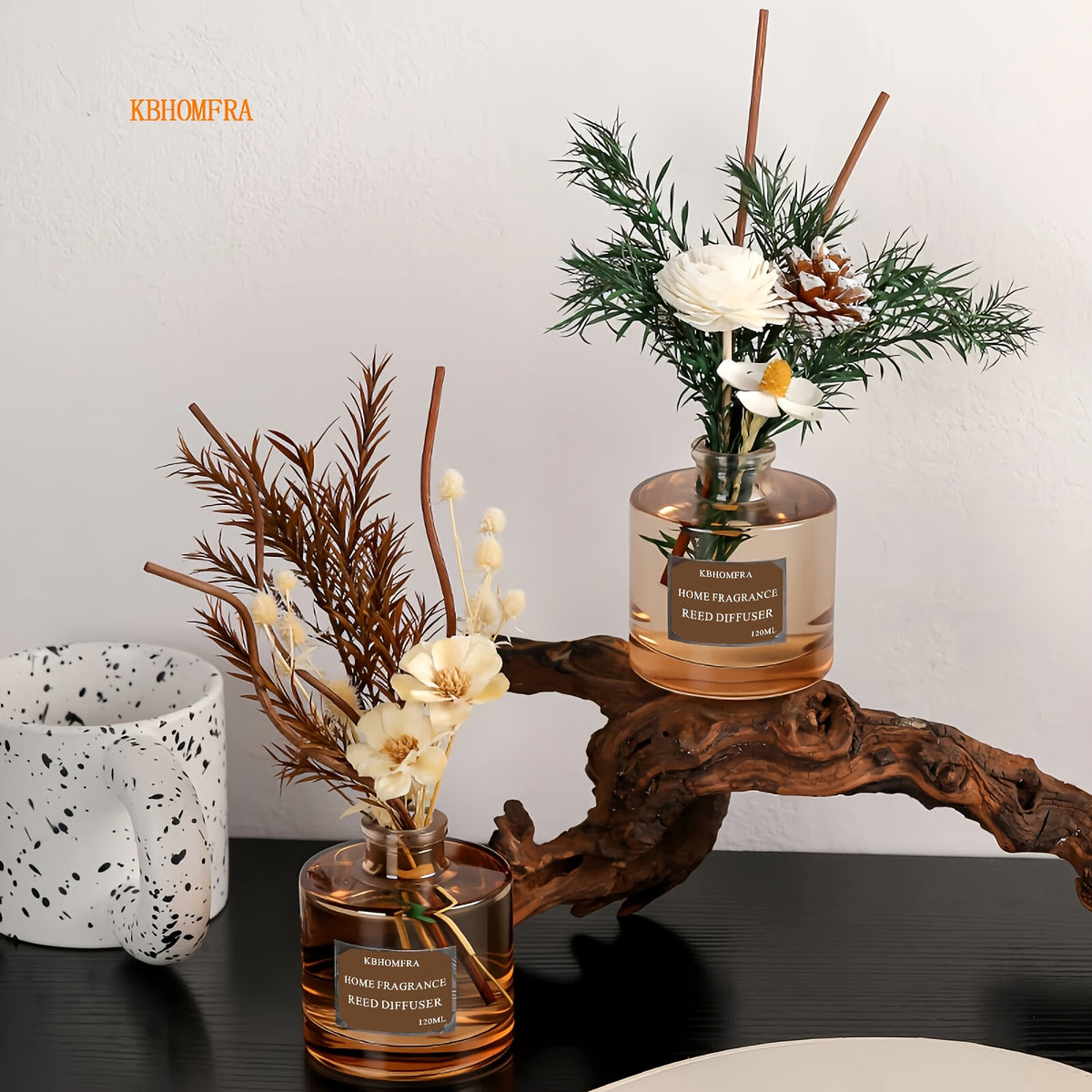 KBHOMFRA Rattan Reed Diffuser, Infused with the Fragrance of Jasmine, Cedarwood, and Gardenia, Paired with Autumn-themed Dried Flowers and Rattan Reeds. Contains 4.06oz of Essential Oil for Long-lasting Fragrance, up to 90 Days. Suitable for Living
