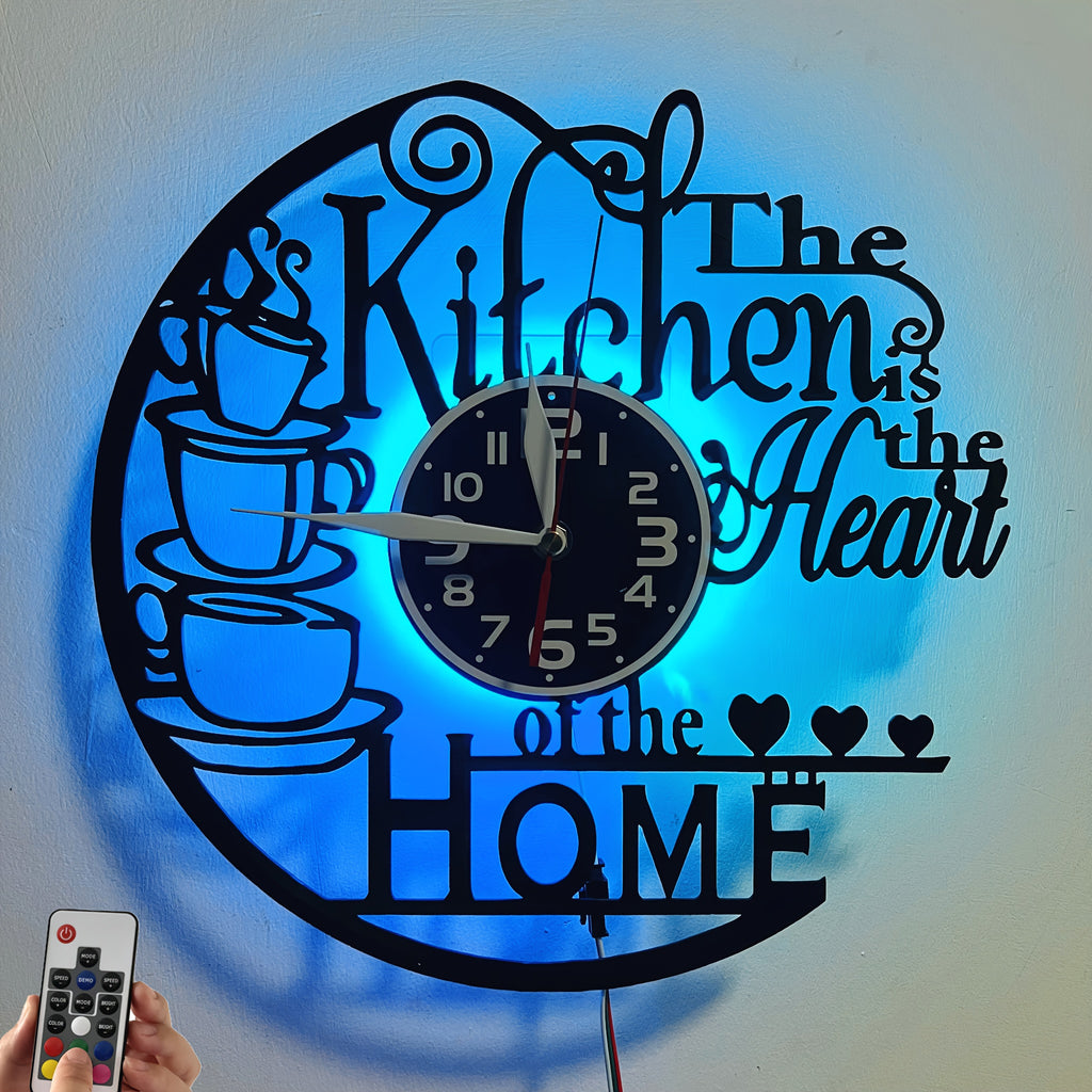 Vinyl Record Wall Clock with Heart of Home Crown Design, Silent Vintage Kitchen and Living Room Decor with Optional 7-Color LED Mood Lighting