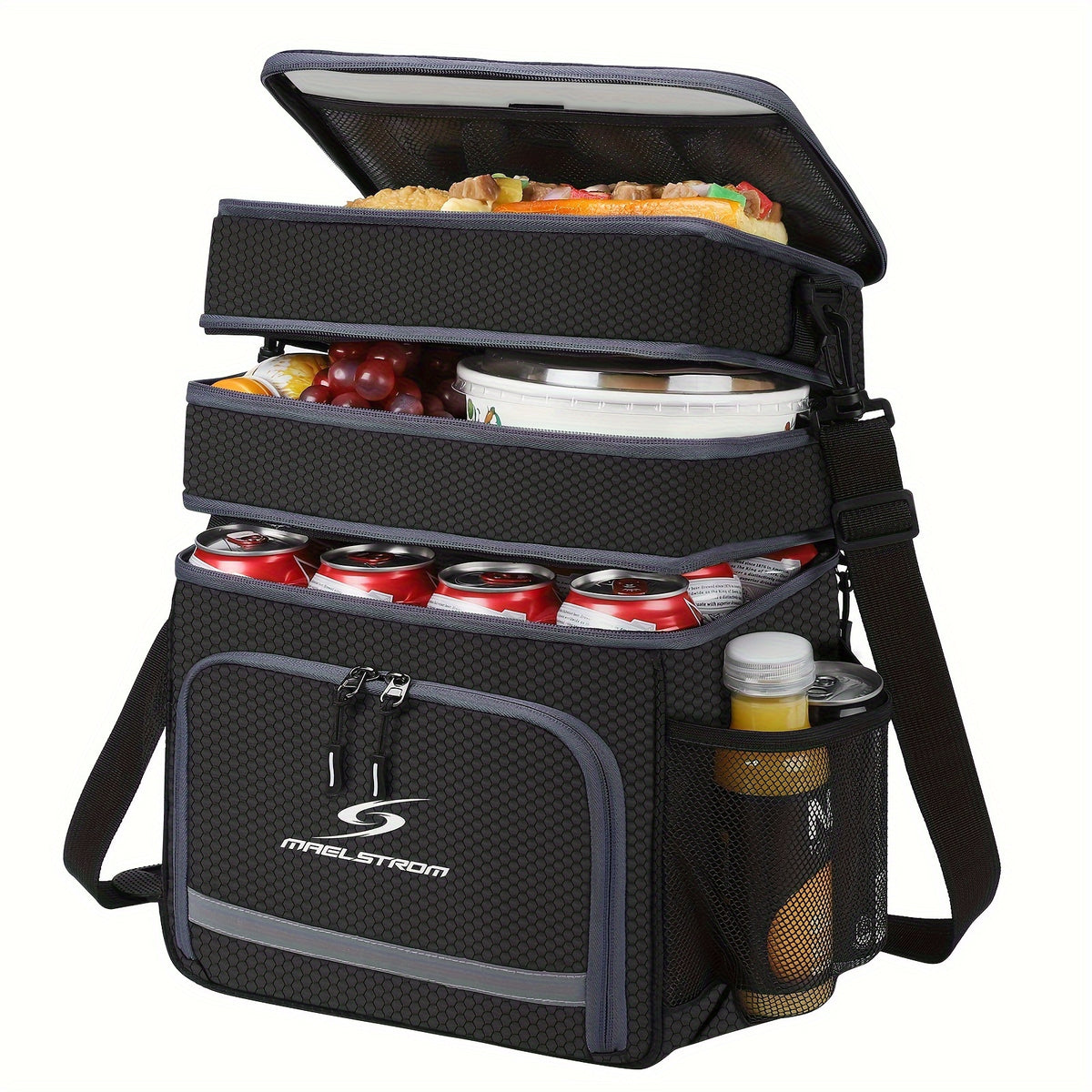 Multi Compartment Insulated Lunch Bag, Double or Three Layer Cooler Tote with Front Pocket and Side Mesh Pockets for Work Meals, Picnics and Travel