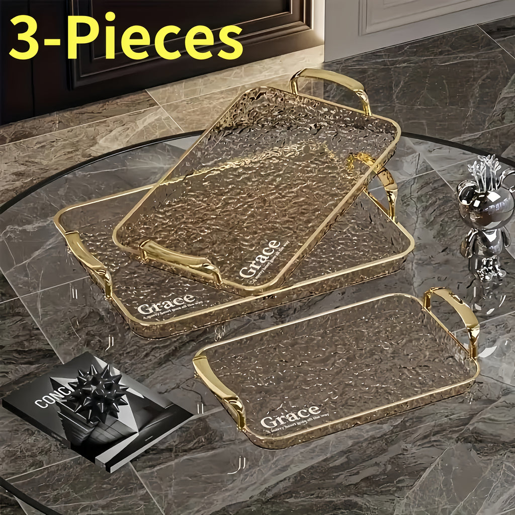 3pcs Transparent Elegant Golden-Rimmed Rectangular Trays Set, Large/Medium/Small PTE Transparent Serving Platters with Handles - Ideal for Fruits, Snacks, Pastries | Perfect for Parties & Festivals, Trays for Serving Food, Party & Festival Essenti