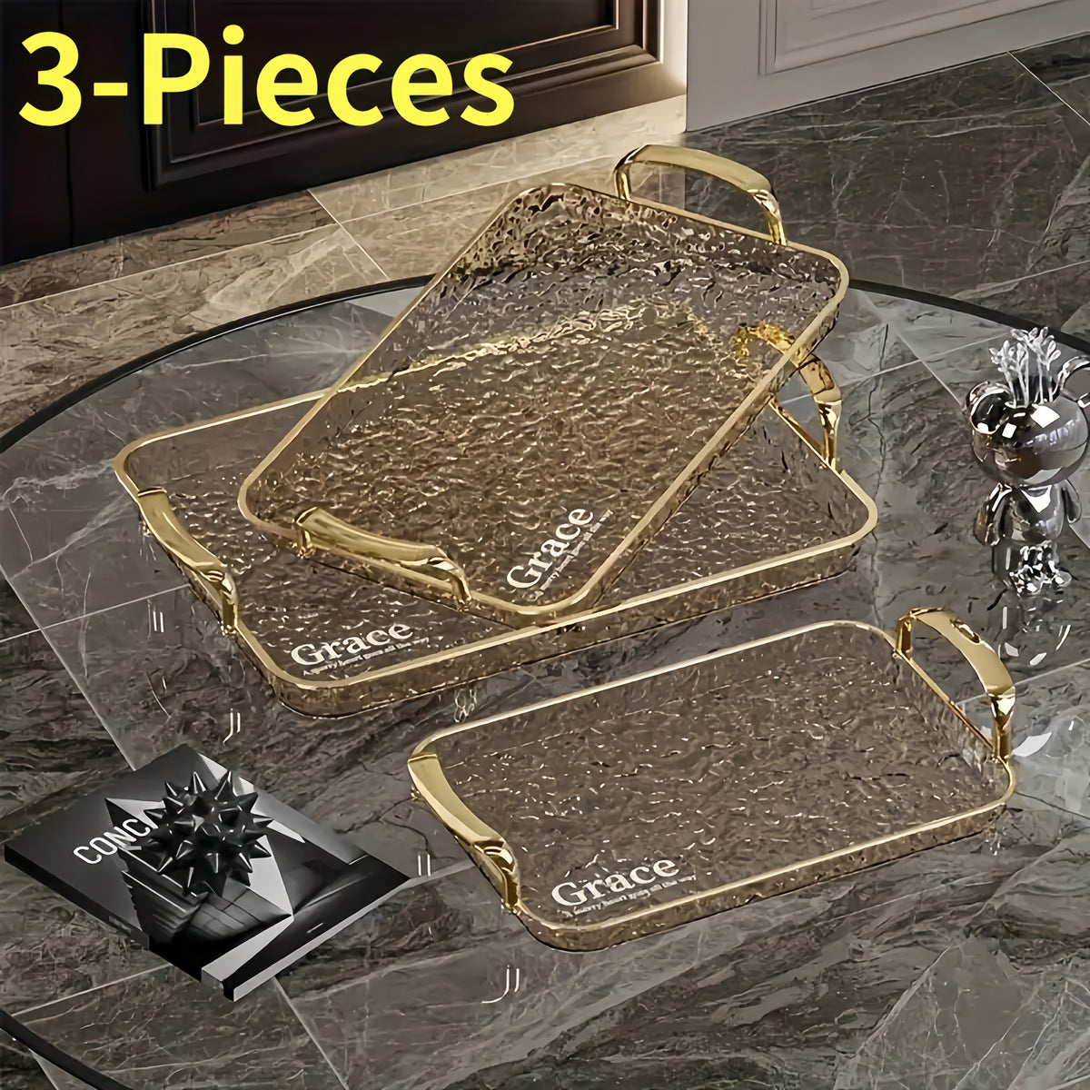 3pcs Transparent Elegant Golden-Rimmed Rectangular Trays Set, Large/Medium/Small PTE Transparent Serving Platters with Handles - Ideal for Fruits, Snacks, Pastries | Perfect for Parties & Festivals, Trays for Serving Food, Party & Festival Essenti