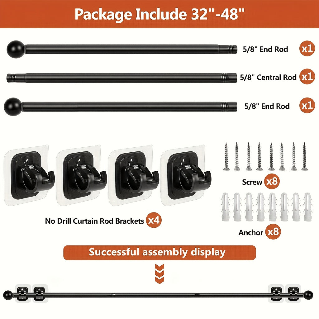 Curtain Rods No Drilling for Windows Set 32 to 48 Inch, 5/8 Inch Diameter Drapey Pole with No Drill Curtain Rod Brackets, Renter Friendly Cortineros Para Ventanas with Adhesive Holder Hook (Black)