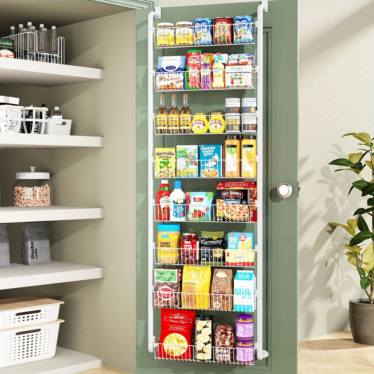 Pantry Door Storage Organizer, 6 or 8 Tier Metal Basket Rack in Black or White for Spices, Snacks, Kitchen Essentials, Laundry and Bathroom Supplies