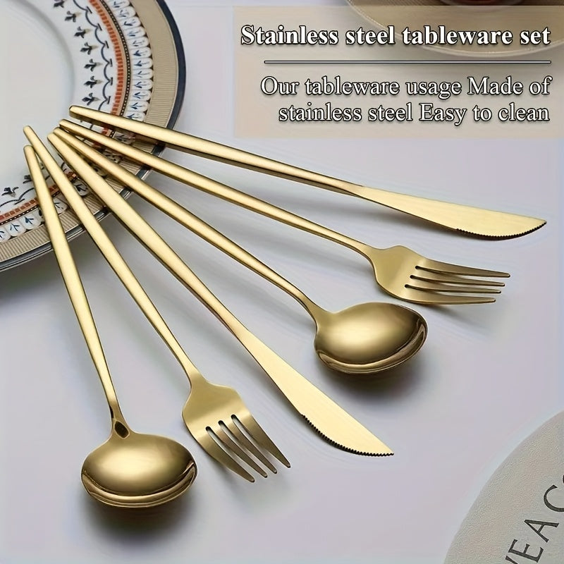 30/60pcs Stainless Steel Cutlery Set, Including Steak Knife, Fork, Spoon And Teaspoon, Dinner Fork, Dinner Spoon, Fruit Fork, Dessert Spoon, Coffee Spoon, Mirror Polished, Suitable for Family Restaurants, Hotels, Parties, Weddings, Copper Cutlery Se