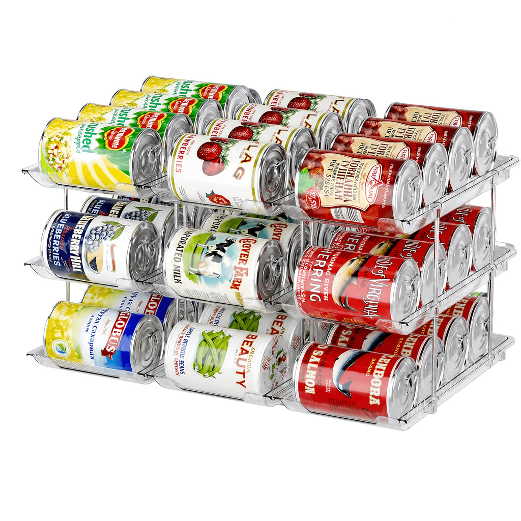 Pantry Can Storage Rack - Holds 36 Cans (3 Tiers/3pcs), Auto-Rolling Stackable Can Storage Rack - Transparent PET Material, Suitable for Soda, Soup, Vegetable Cans - Kitchen, Garage, Dorm Closet Organizer - Tool-Free Easy Assembly.