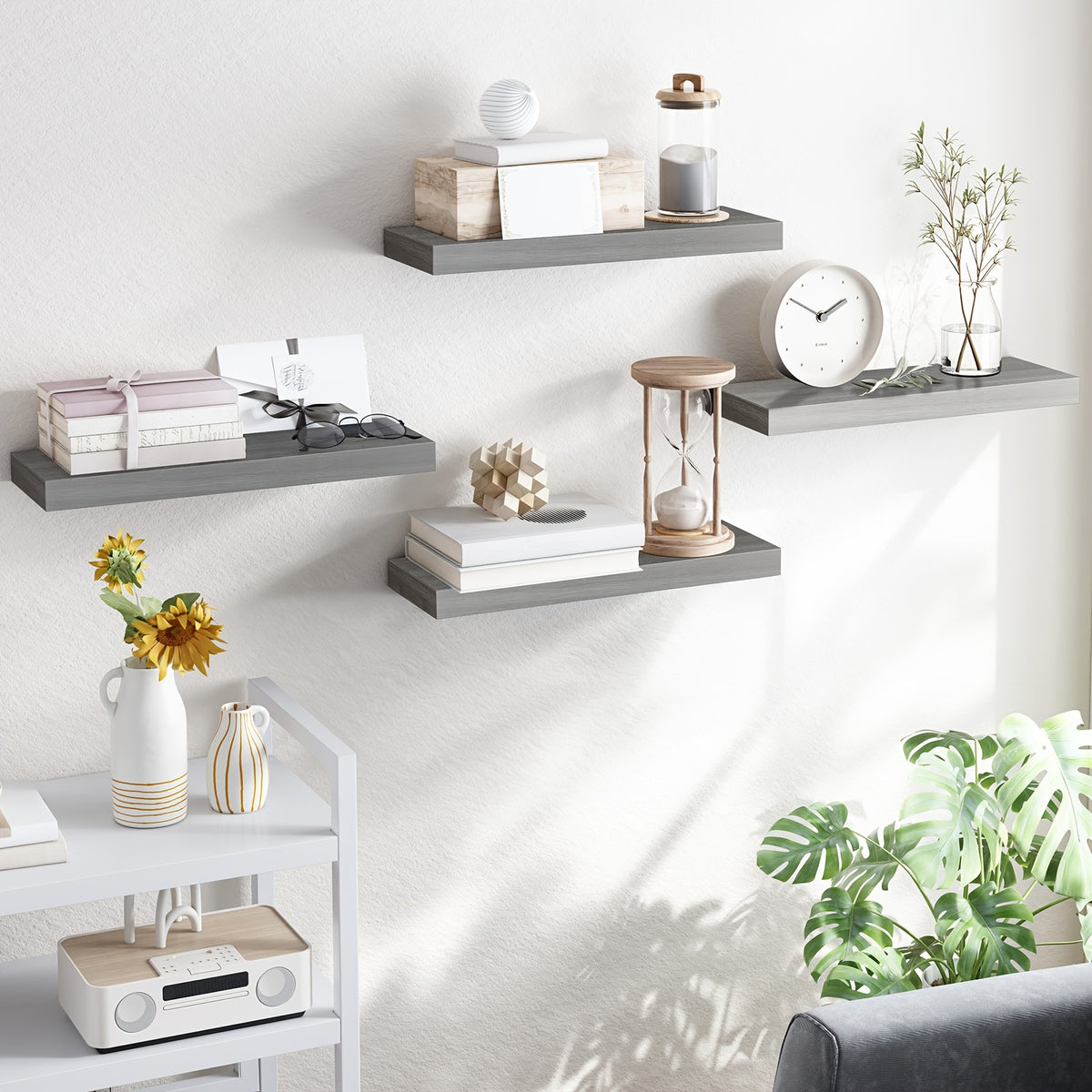 Floating Shelves with Invisible Brackets, Rustic Wood Finish Wall Storage in Gray, White or Black for Kitchen Organization, Bathroom and Bedroom Displays