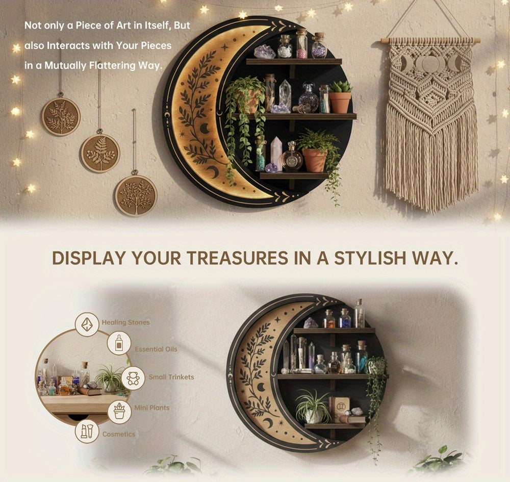 Moon Shelf Decor Cute Moon Floating Shelves with Light, Witchy Boho Room Decor Aesthetic Wall Shelf Small Display Racks Suitable for Crystal/essential Oil/collectibles, Rock Gem Stone Storage Organizer, Trinkets Holder, Unique Celestial Gift for Moon
