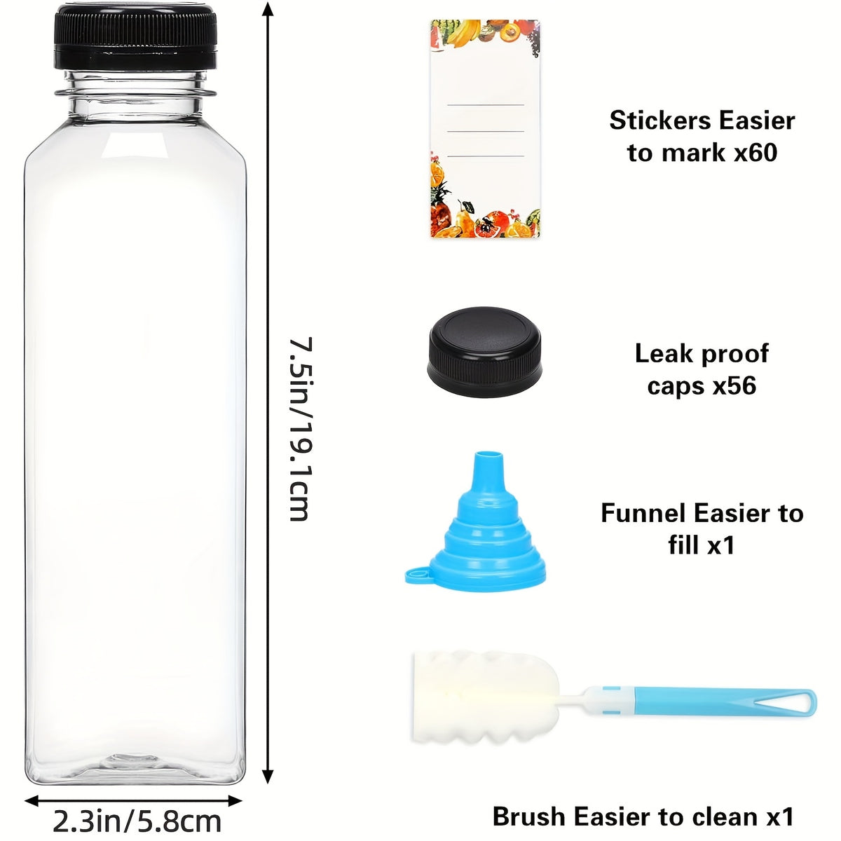 20pcs/36pcs/56pcs/100pcs Juice Bottles, 12/16oz Plastic Bottles With Lids, Reusable Clear Containers For Juice, Smoothies, Cola, Water And Other Beverages, Summer. Funnel & Brush (Color Random).