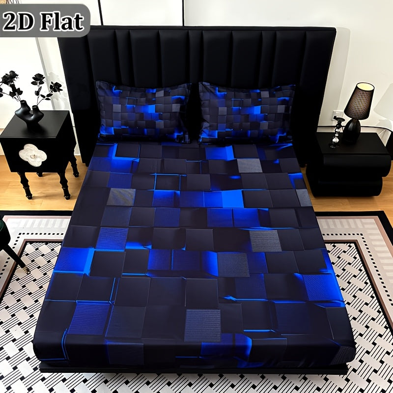 2D Flat 3pcs Cool Technology Digital Printing Material Plaid Fitted Sheet(1pc Bed Sheet+2pcs Pillowcase No Filling)Deep Pocket In 15 Inch At Home Dormitory Suitable for All Seasons Mattress Protector
