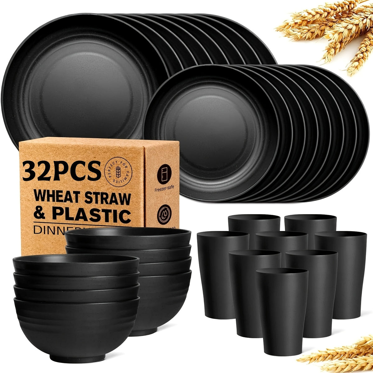 32/16pcs Wheat Straw Large Size Tablesware Set, Unbreakable Modern Dish Set-Plate/Dessert Plate/Bowl/Cup, Lightweight Wheat Straw Dinnerware Set, Dishwasher And Microwave Safe, Lightweight Tableware, Gift for Chrismas