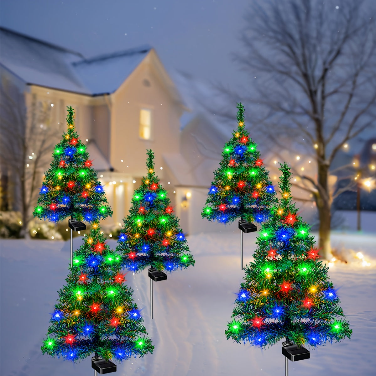 Two Sets Of Solar Christmas Tree Lights Are Used for Outdoor Christmas Decorations. The Solar Pre-lit Small Christmas Trees Are Used for Outdoor Paths, Gardens And Courtyards Decoration.