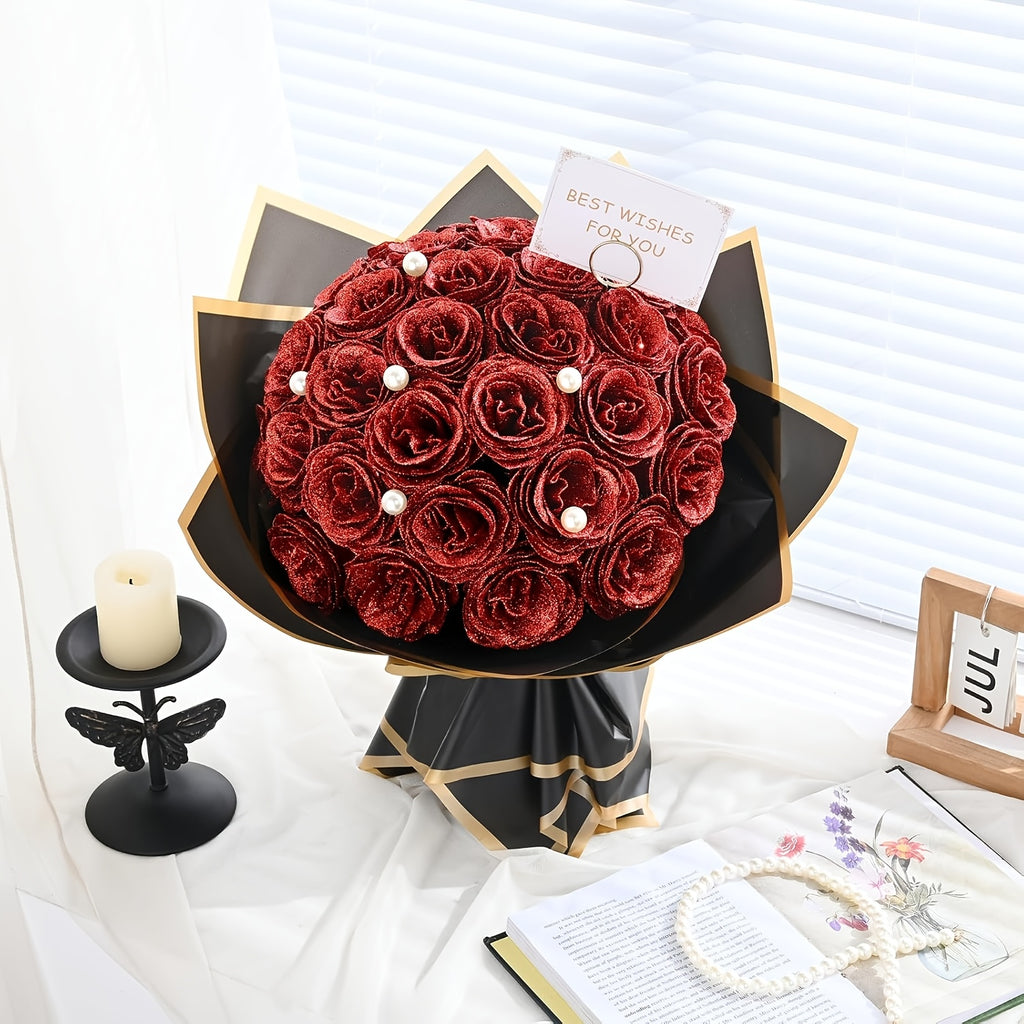 24/36pcs Simulation Flash Rose Bouquet Fake Flower Rose Delicate Beautiful Bouquet Eternal Shiny Artificial Roses Suitable for Dating, Engagement, Wedding, Anniversary, Holiday Decorations Blue/ Purple/ Red