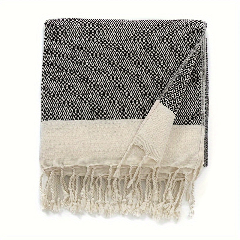 YEUZLI 100% Cotton Tassel Blanket, 49.21 X 70.87In (350GSM), Boho Diamond Grid, Breathable And Soft. Perfect for Snuggling on Beds And Sofas, Also Great for Picnics And Travel, an All-Season Essential, Machine Washable