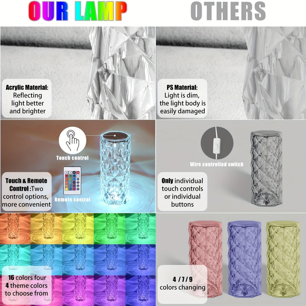 RGB Crystal Night Light Table Lamp, 16-Color Touch & Remote Control LED Bedside Light, USB Rechargeable Mood Lighting for Bedroom, Living Room, Holiday Decor and Gifts