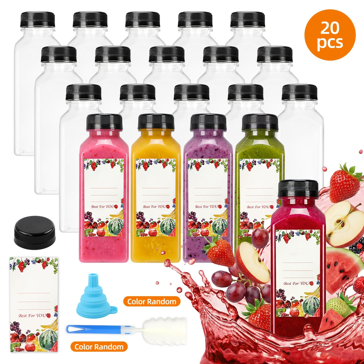 20pcs/36pcs/56pcs/100pcs Juice Bottles, 12/16oz Plastic Bottles With Lids, Reusable Clear Containers For Juice, Smoothies, Cola, Water And Other Beverages, Summer. Funnel & Brush (Color Random).