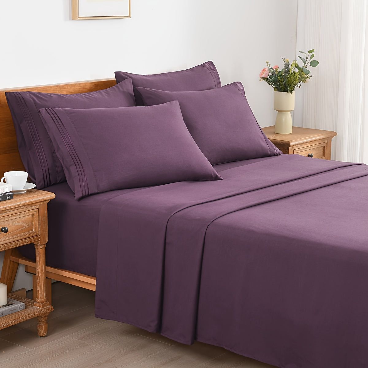 6pcs Summer Cooling Bed Sheet Set, 18 Inch Deep Pocket Ultra Soft Breathable Polyester Solid Color Bedding Three Embroidery 100 GSM Anti Fading Wear Resistant Wrinkle Free Easy Care Bedroom Home Decor