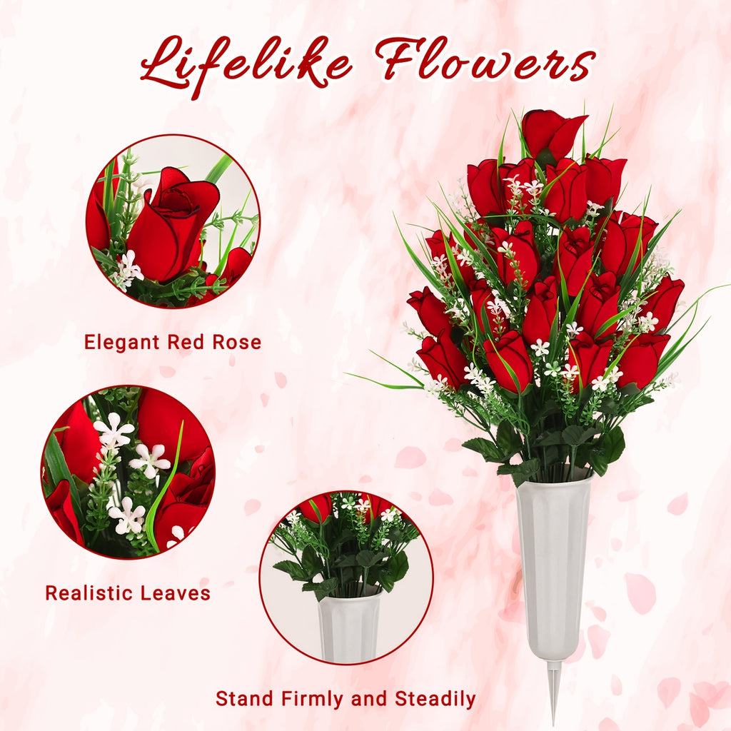 1/2/3pcs Artificial Cemetery Flower For Grave With Saddles, Artificial Silky Rose Flowers And Bouquets With Vases, Memorial Day Flowers For Cemetery, Outdoor Grave Headstones Decoration