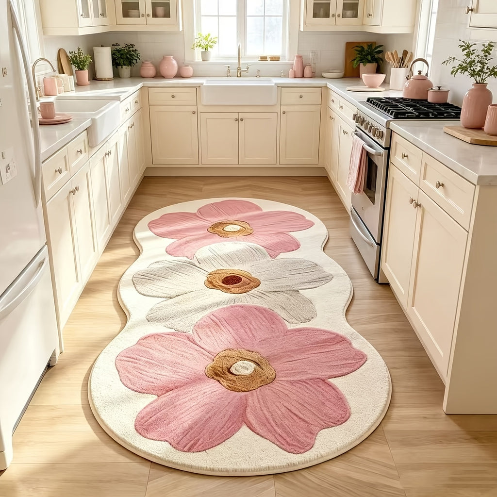 1000G Non-Slip Cute Floral Furry Carpet Kitchen Rugs Mats, Soft And Fluffy Bedside Carpet, Luxury Living Room Decoration, Rubber Non-Slip Bottom, Machine Washable, Suitable for Kitchen, Corridor, Bedroom Bedside Mat
