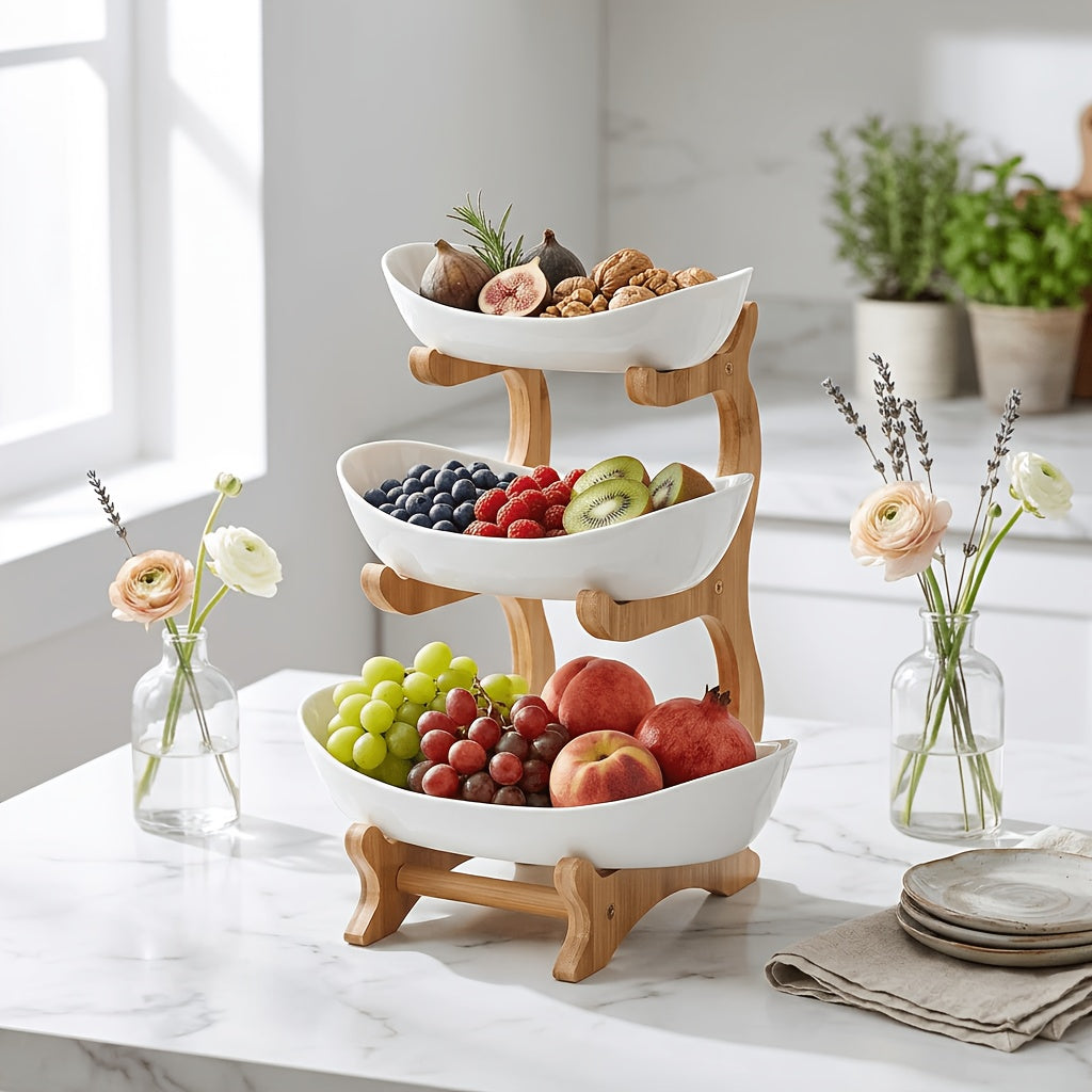 A Creative Two-Layer/Three-Layer Kitchen Fruit Basket, Large-Capacity Layered Fruit Basket, European-Style Dried Fruit Plate, Bamboo And Wood Frame, Household Snack Plate, Candy Tray, Fruit Basket, Bamboo And Wood