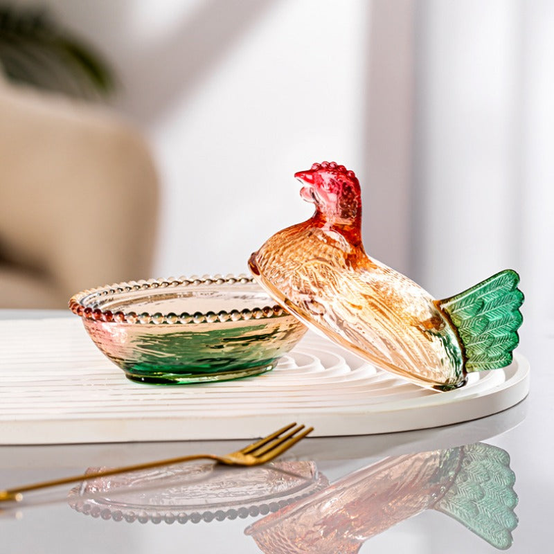 Chicken Shaped Glass Candy Jar with Lid, Decorative Hen Storage Dish in Glazed Color or Amber for Snacks, Kitchen Tables and Desk Displays