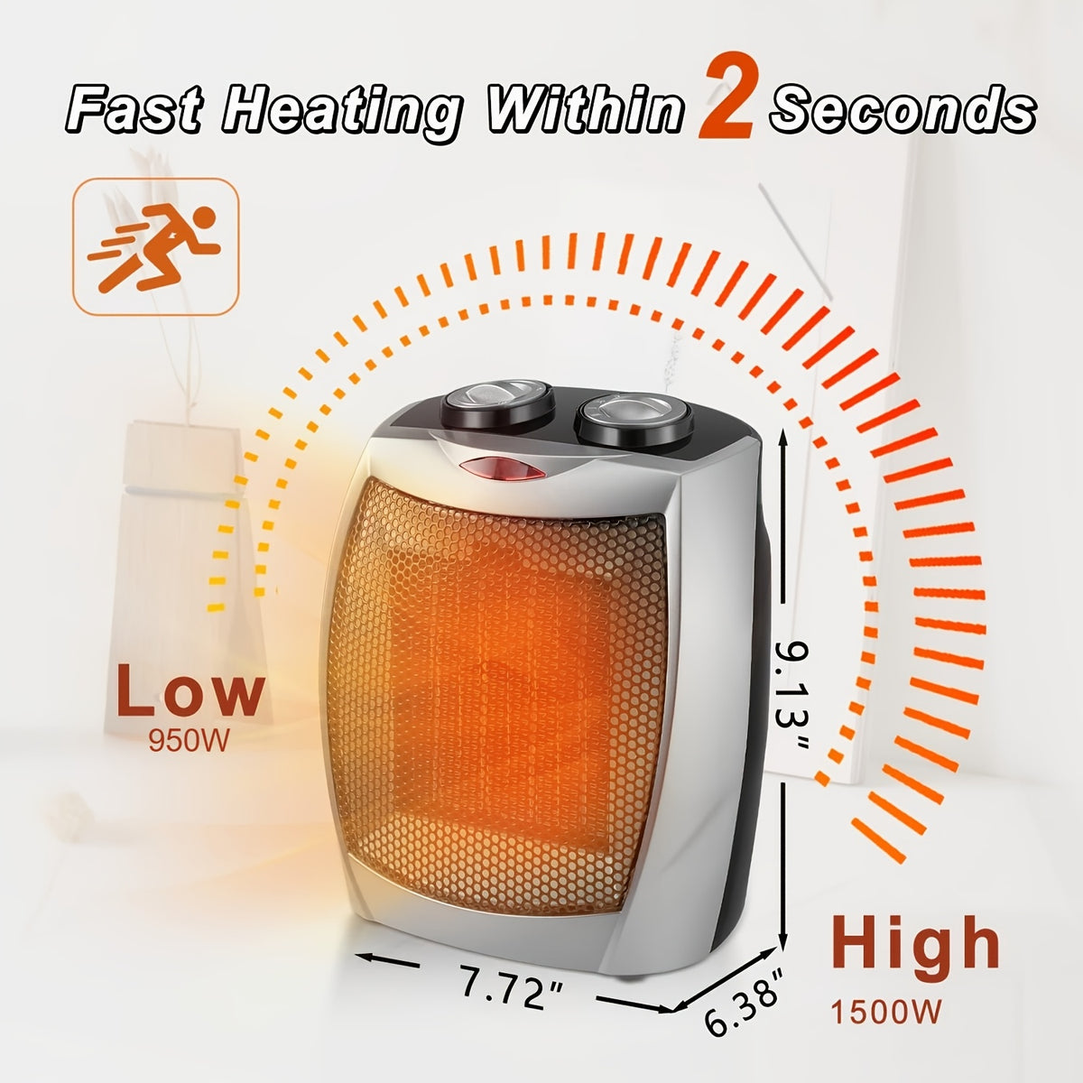1500W/950W Ceramic Space Heater, Portable Electric Heater with Adjustable Thermostat, Heating Up to 200 Sq. Ft, 2S Rapid Heating, Compact Design, Overheat And Tip-Over Protection, for Indoor Use