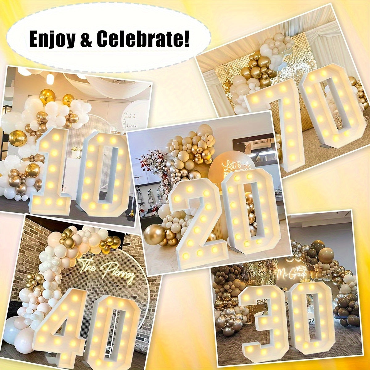 Warm White 3Ft/91.5Cm/36Inch Party Numbers - Birthday, Anniversary, Wedding Decorations, 3D KT Board 3Ft Tall Glowing Sign with Easy Snap Assembly (Battery Not Included)