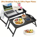 Bamboo Breakfast Tray Set, 2 Folding Bed Tables with Carry Handles and 10 Paper Plates for Sofa Meals, Bedside Serving, Working and Drawing