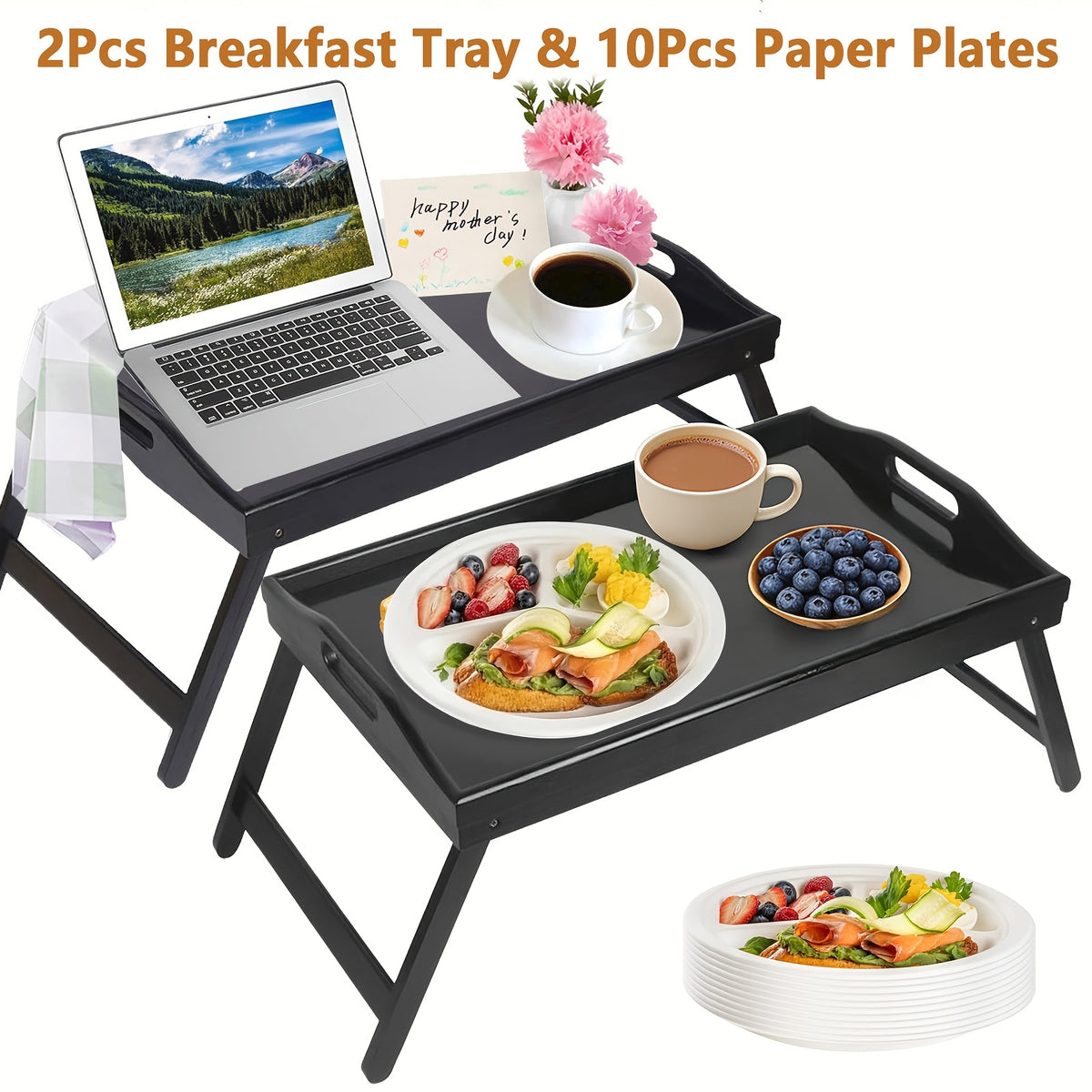 2pcs Bamboo Breakfast Tray with Folding Legs & Handles - Extra Wide Stable Food-Safe Bed Tray Table for Eating, Working, Drawing - Portable Foldable Design for Sofa, Bed, Lazy People, Bedside Table | Natural Look | with 10pcs Paper Plates