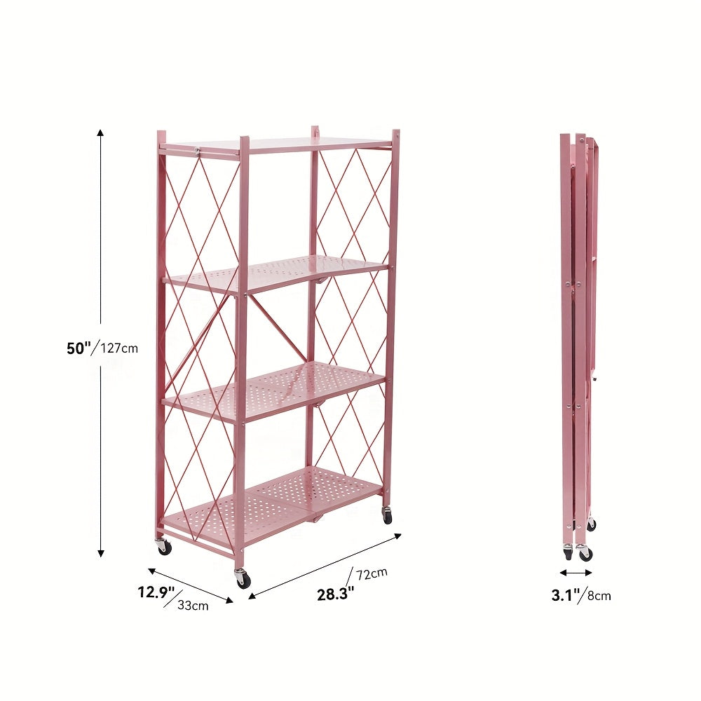3/4/5- Tier Movable Vertical Multi-Functional Storage Racks, Portable Metal Folding Storage Racks with Locking Wheels, Large - Capacity Kitchenware Storage Racks That Require No Installation. Suitable for Families, College Dormitories