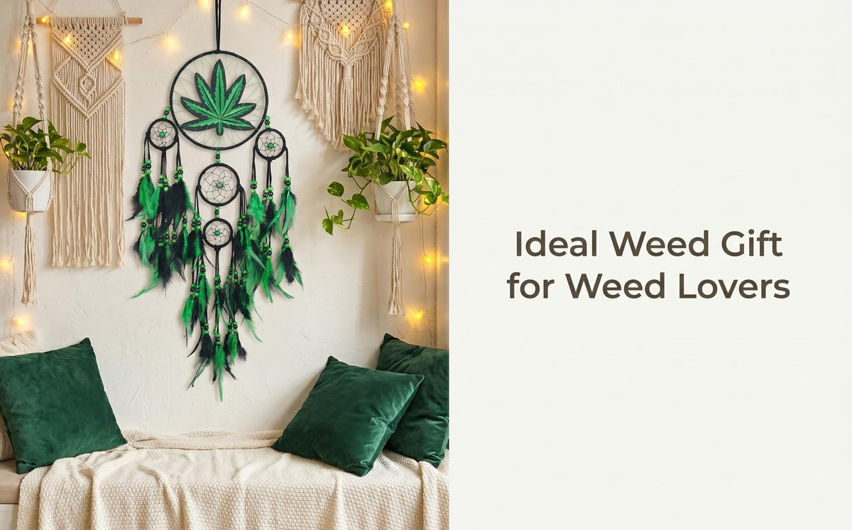 Bohemian Leaf Embroidered Dream Catcher with Feathers & Leaf Pot - Fabric Weed Gift for Women/Men, -Themed Tale Decor for Christmas, Bedside, or Cabin (Embroidery, Not Smokeable)