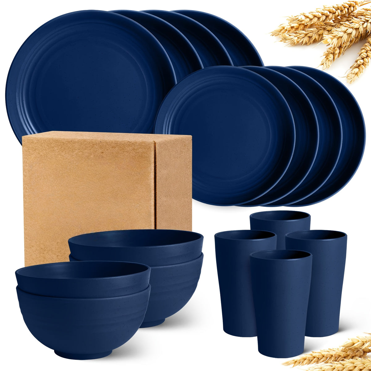 [Unbreakable Dinnerware Set] 32/16/4pcs Wheat Straw Dinnerware Set | Service for 8/4, Large Size Modern Dish Set-Plate/Dessert Plate/Bowl/Cup, Lightweight Tableware, Perfect for Camping, Gifts for Christmas/Halloween, Local Warehouse Items