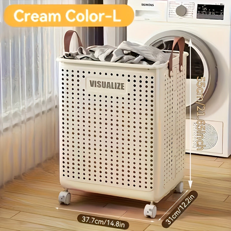 Large Foldable Wheeled Laundry Basket, Plastic Material, Solid Color, Wheeled Laundry Hamper for Small Apartment, Versatile Folding Portable Laundry Basket for Bathroom And Balcony Storage, Laundry Bag, Laundry Room Additions, Laundry Baskets