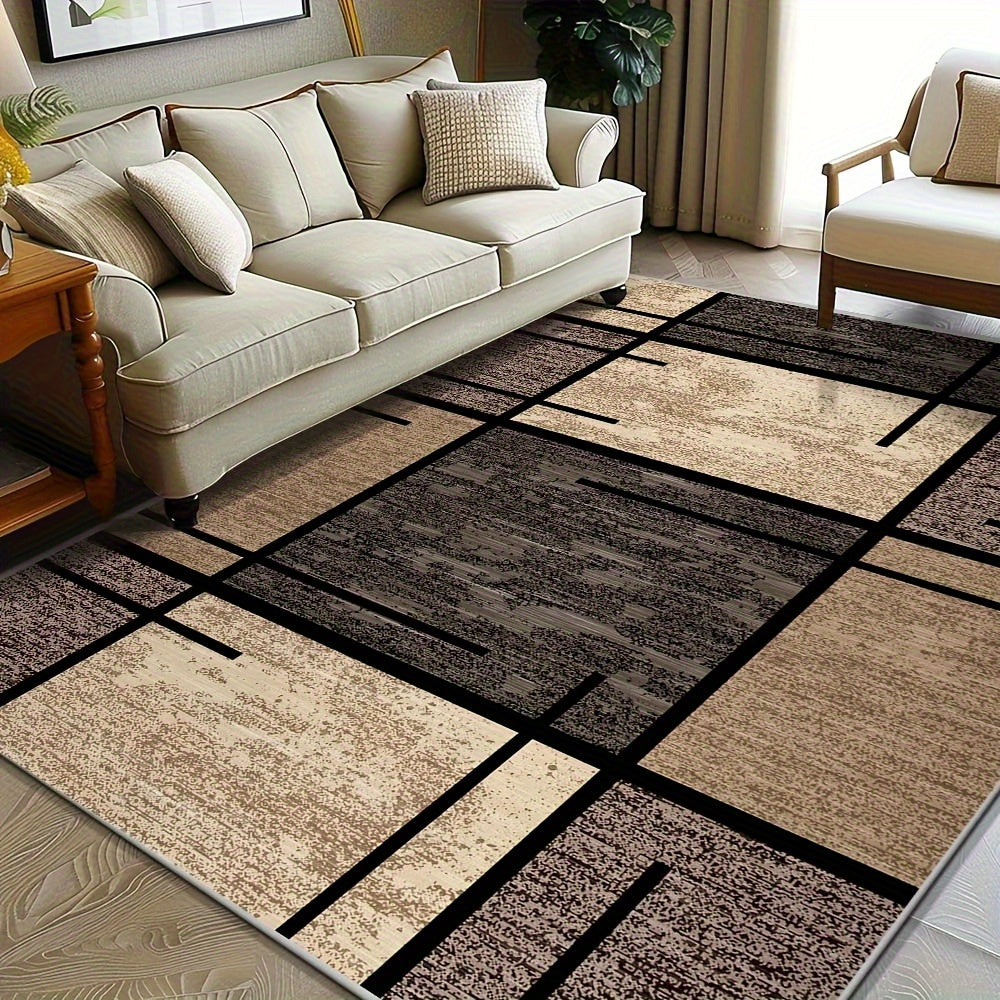 Luxury Velvet Area Mat - Premium Machine Washable, Fade-Resistant Polyester Mat for Living Room, Bedroom, Office, And Outdoor Decor - Rectangle, Lightweight, And Easy to Clean - 850 GSM, Beige And Brown Geometric Pattern, Comfortable Bedroom Mat