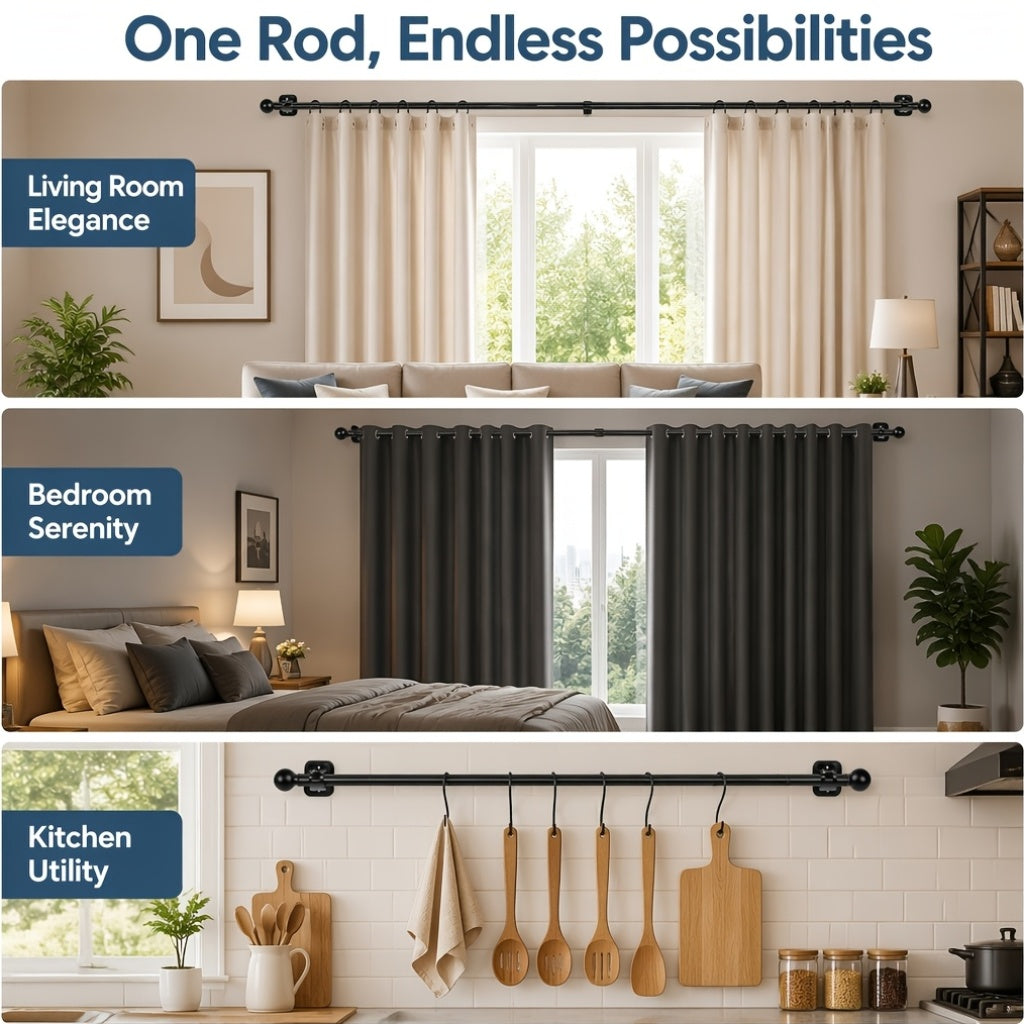Curtain Rods No Drilling For Windows, 5/8 Inch Diameter Drapey Pole With No Drill Curtain Rod Brackets (2pcs, Black, 30 To 45")