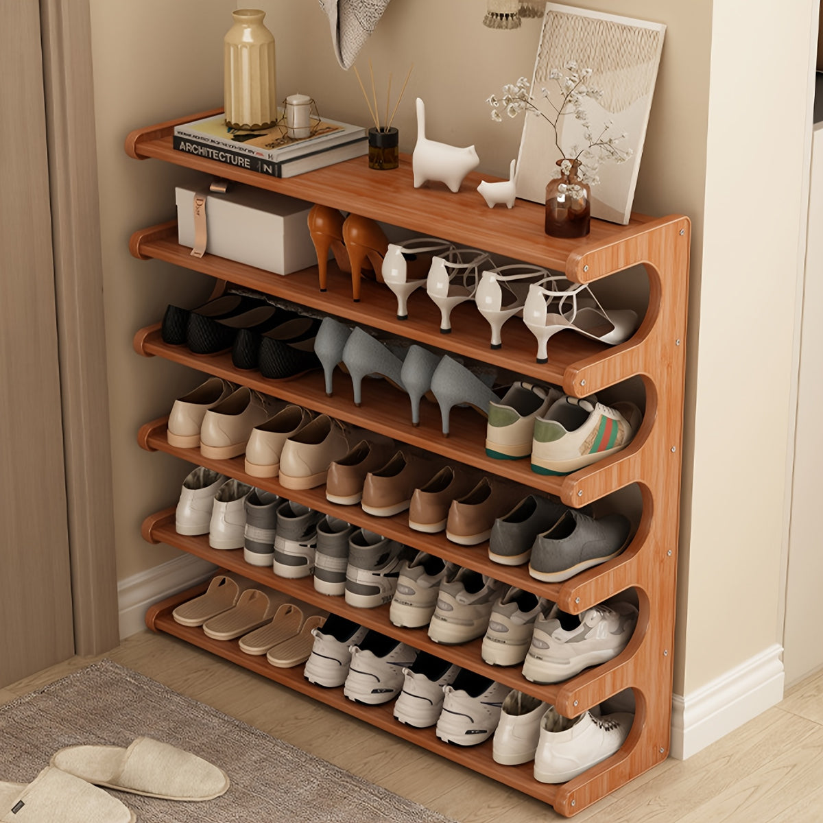 3/5/6 Layer Bamboo Shoe Rack, Bamboo Shoe Storage Solution, Multi-layer Independent Sorting Rack, Easy to Assemble, Saves Space, Suitable for Entrances, Living Rooms, Bedrooms, And Garages.