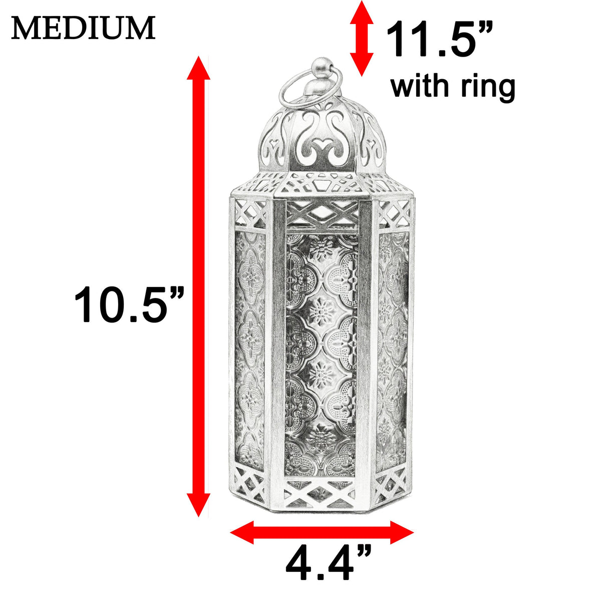 Moroccan Candle Lantern Holder, 10.5 Inch Metal and Floral Embossed Glass Decor for Hanging or Table Displays, Weddings, Ramadan and Home Accents