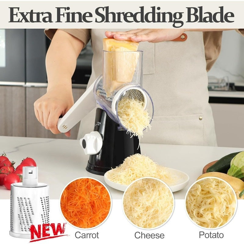 Rotary Cheese Planer Hand Crank Cheese Shredder Fresh Cheese, Vegetable Nuts, Non-Slip Suction Base, Free Cleaning Brush Three Blades