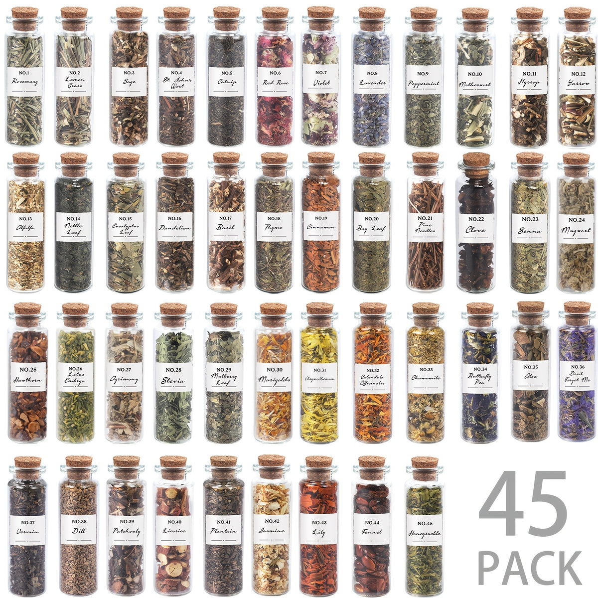 A Set Of 45pcs Supplies Herbs And Flowers- 45 Bottles Dried Herbs Kit for Beginners - Altar Supplies Different Herbs with 1pc Crystal Spoon for Wicca, Pagan Magic Incense Spells And Bath for Mothers Graduation Wedding Day Gift