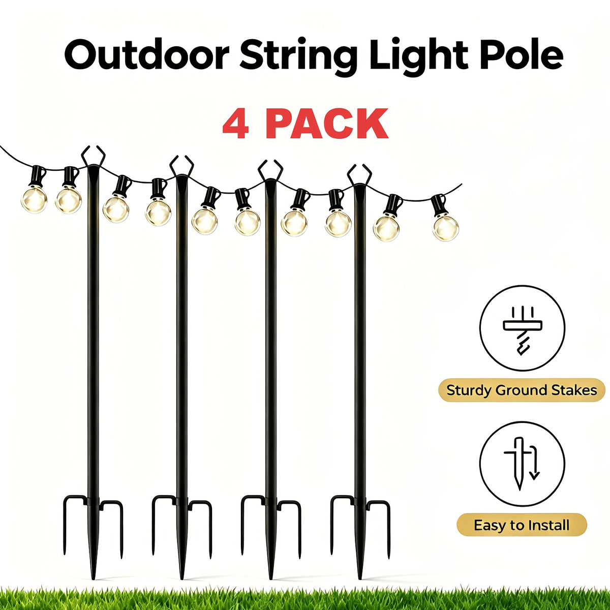 4 Pack 11.1FT String Light Poles With Metal Ground Stake, Heavy Duty Rustproof Metal Light Stand For Outdoor Garden Backyard Deck, Fall Autumn Harvest & Halloween Party Decor, Perfect For Wedding, Patio, Outside Holiday String Lights Support Poles