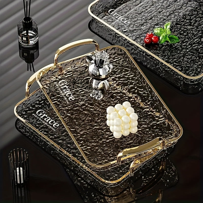 3pcs Transparent Elegant Golden-Rimmed Rectangular Trays Set, Large/Medium/Small PTE Transparent Serving Platters with Handles - Ideal for Fruits, Snacks, Pastries | Perfect for Parties & Festivals, Trays for Serving Food, Party & Festival Essenti