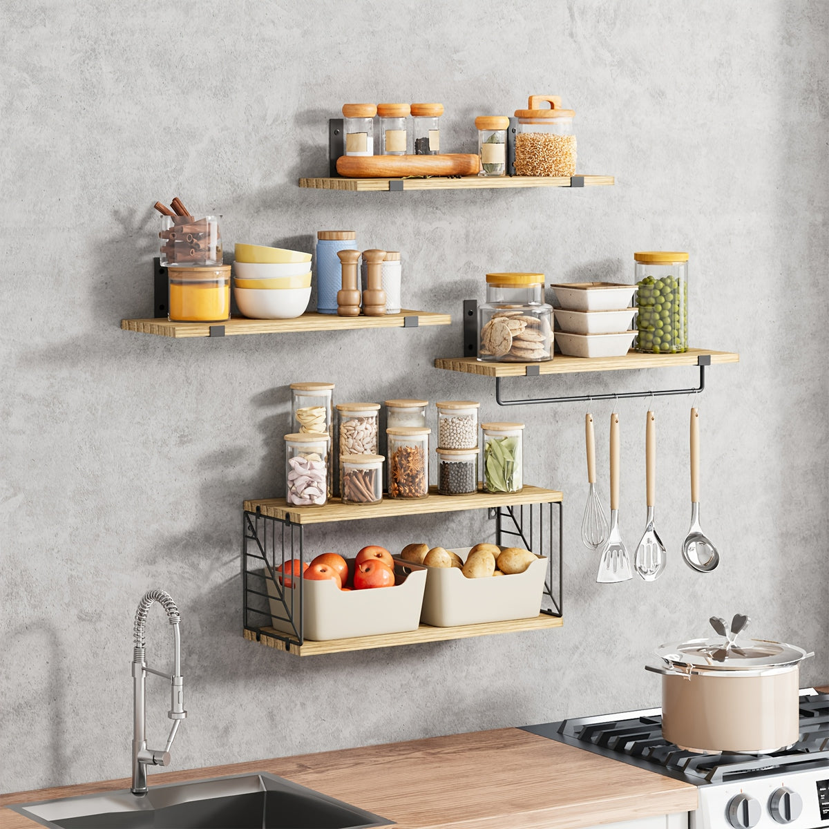 TOMNK 3/4pcs Wall Mounted Floating Storage Rack, Rustic Wood Wall Shelf with Guardrail, Multifunctional Display Unit for Bedroom, Living Room, Bathroom And Kitchen