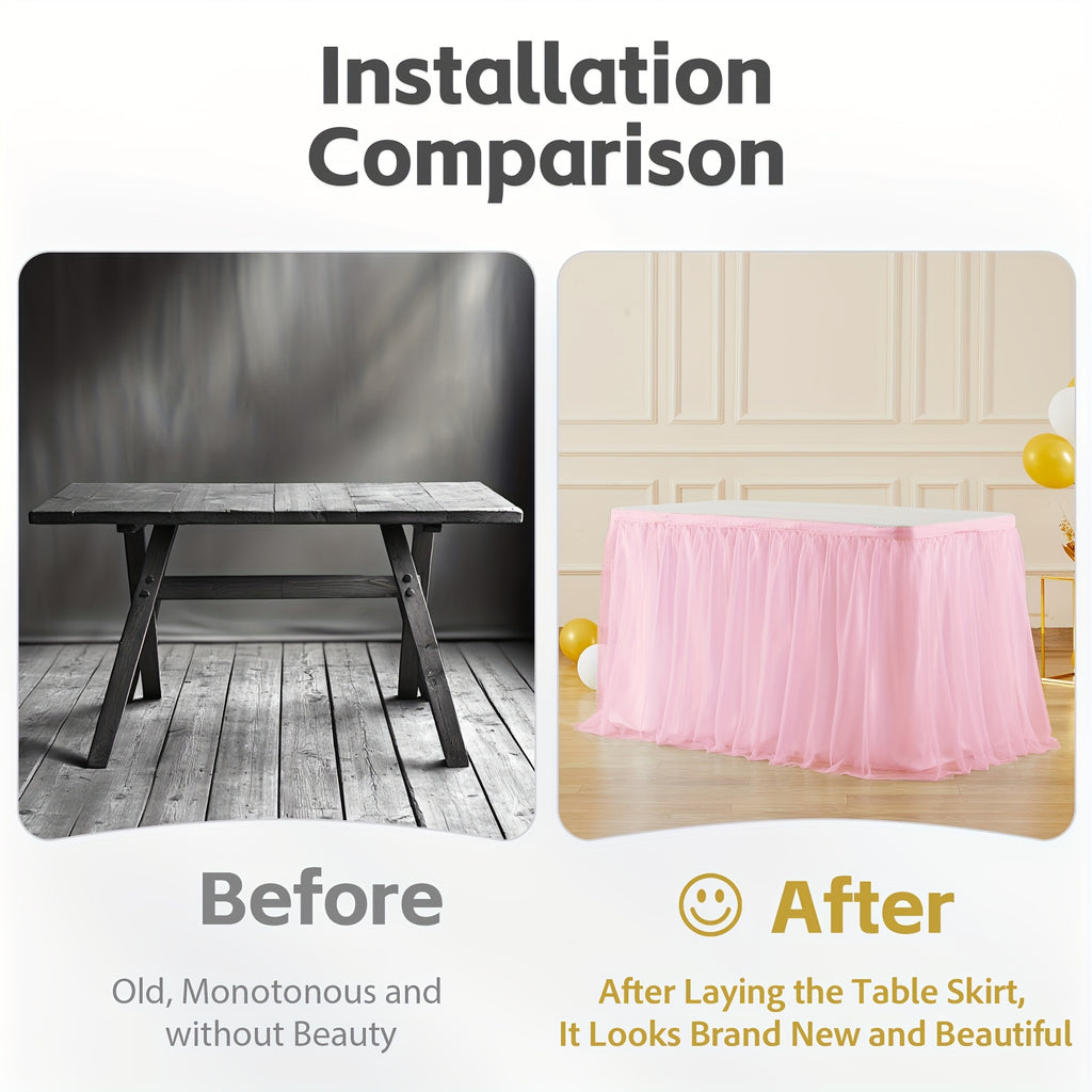 6Ft Pink Tulle Table Skirt Tablecloth, Pink Ruffle Tutu Table Skirts, for Rectangle Tables Or Round Tables Desk Skirt for Princess Birthday Party Cake Dessert Table Decorations Halloween, Christmas