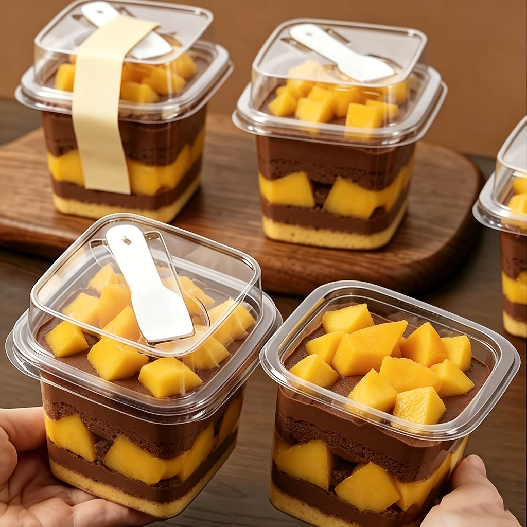 [30pcs Dessert Boxes] 30pcs PET Transparent Square Dessert Boxes, Including (Cake Cup And Lid And Spoon) Dessert Packaging Box With Spoon, Sealed And Leak-Proof, Baking Mille-Feuille Mousse Cake Packaging Container, Suitable For Cakes, Mousses, Fruits, Ic