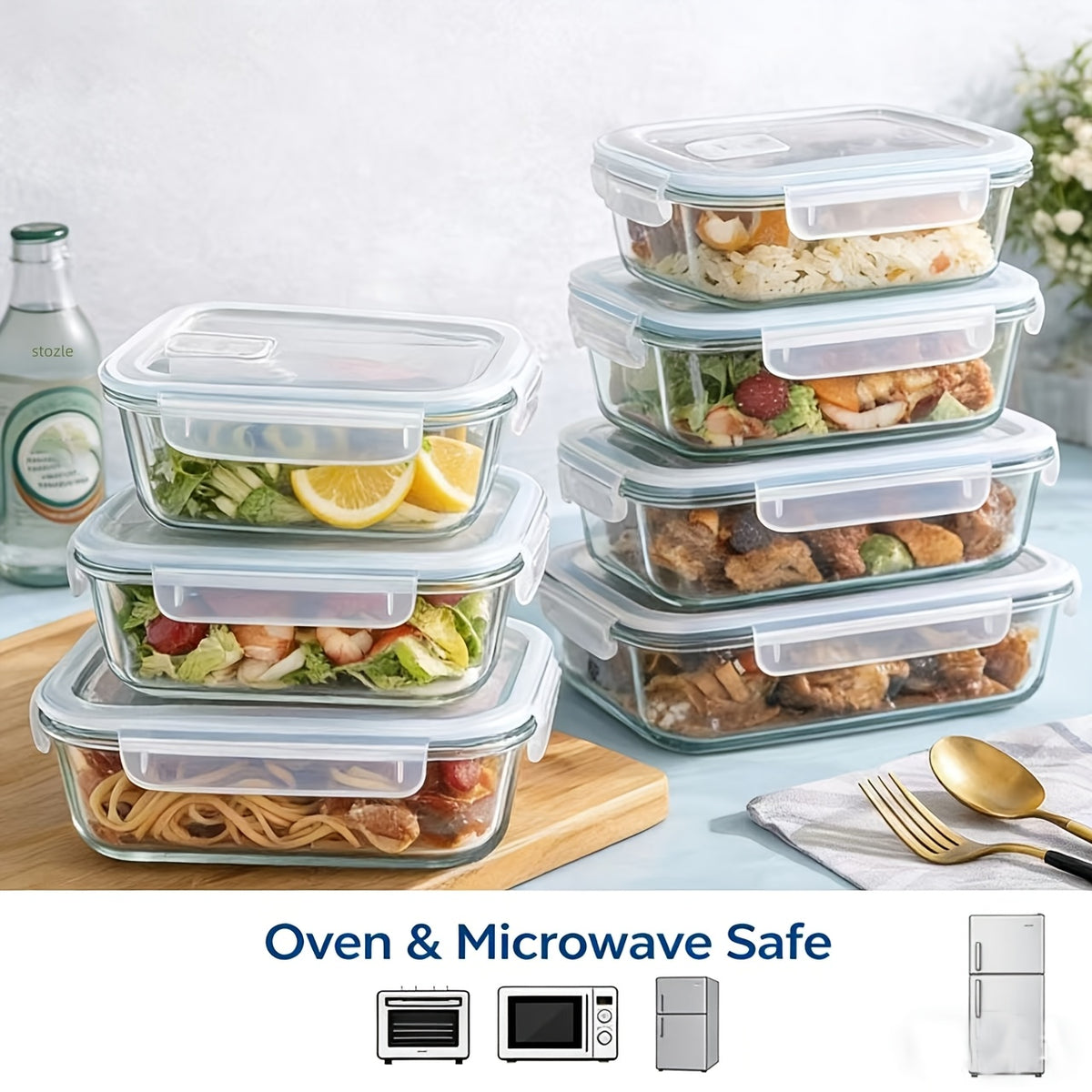 16pcs Sealed Glass Food Storage Containers, Lunch Box, Microwave, Oven - Great For Salads, Fruits, Vegetables And Sandwiches, Lunch Box | Sealed Storage | Durable Glass, Food Storage Containers (8 Lids + 8 Containers)