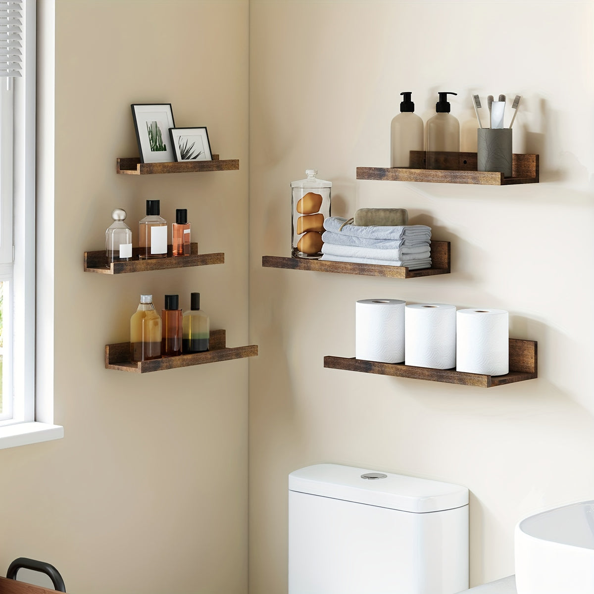 Floating Shelves in Six Sizes, 6-Piece Wall Mounted Ledge Set in Brown, White or Black for Bedroom Displays, Bathroom Storage and Living Room Decor