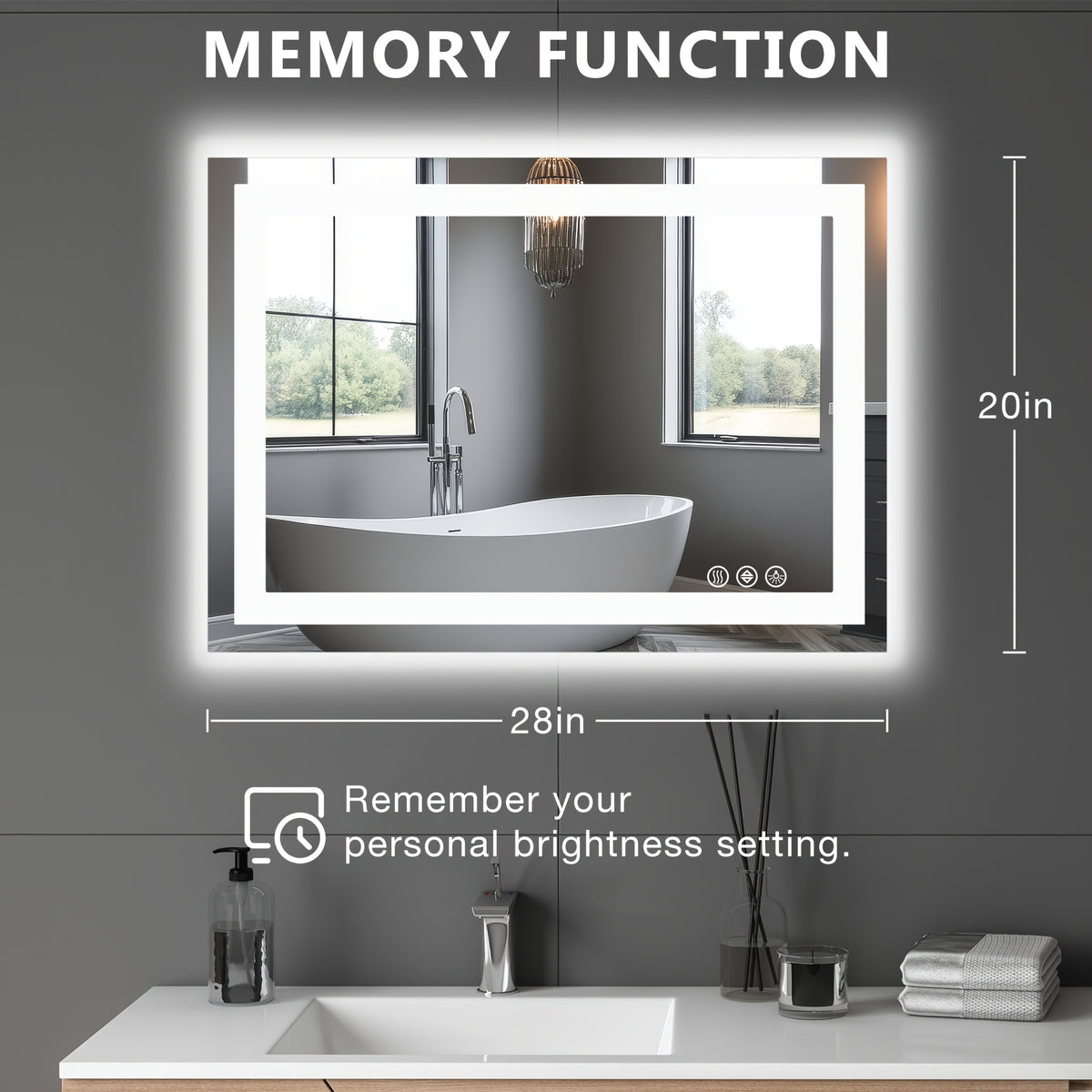 1pc Anti Fog LED Bathroom Mirror with Dual Light Source 3 Lighting Modes Dimmable 3 Color Vanity Mirror Wall Mounted Horizontal Vertical
